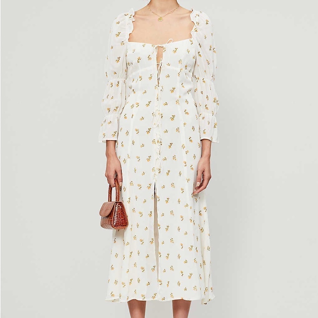 Reformation White Floral Midi Dress With Yellow Print